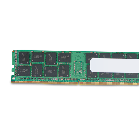 Close-up of Micron memory chips on the back of a server RAM module.