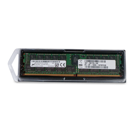 Micron NetApp server RAM module in clear plastic packaging, angled view.