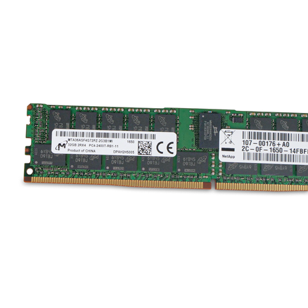 Close-up of Micron NetApp server RAM module labels and memory chips.