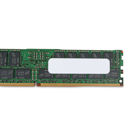 Close-up of blank label and Micron memory chips on a server RAM module.