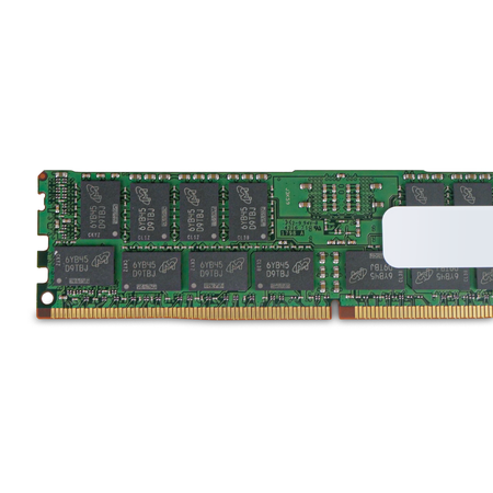 Close-up of Micron memory chips on the back of a server RAM module.