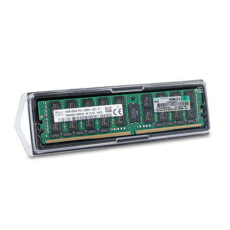 SK Hynix HPE server RAM module in clear plastic packaging, angled view.