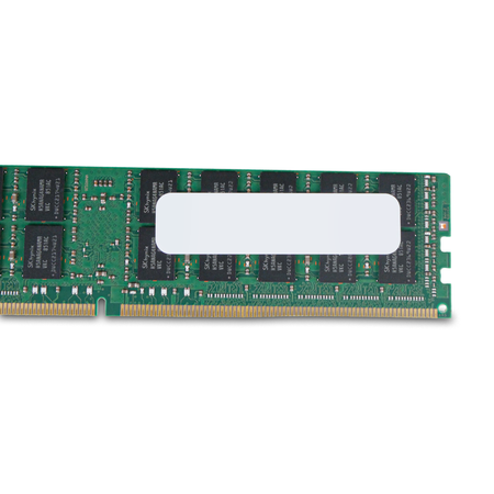 Close-up of blank label and SK Hynix memory chips on a server RAM module.