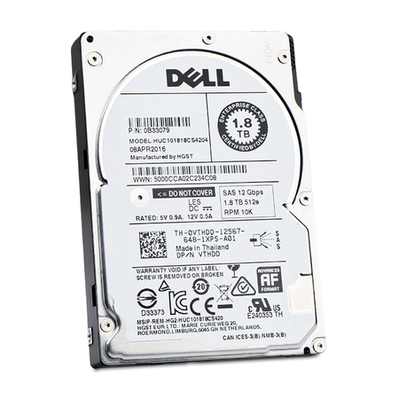 Angled front view of a Dell 1.8TB 10K SAS 2.5" hard drive.