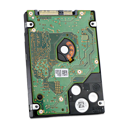 Angled back view of a 2.5" SAS hard drive showing the circuit board.