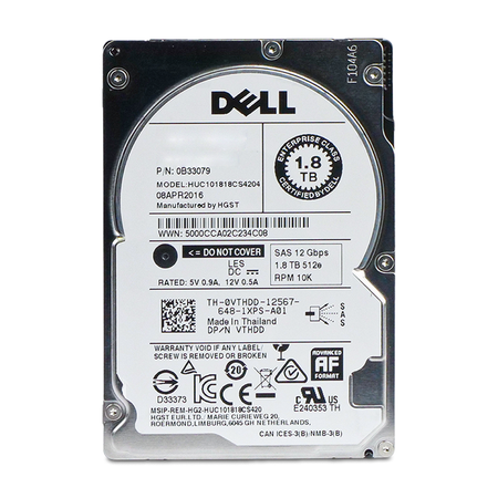 Front view of a Dell 1.8TB 10K SAS 2.5" hard drive.