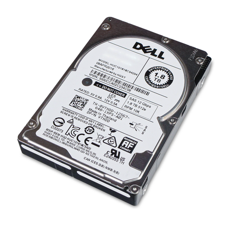 Angled top view of a Dell 1.8TB 10K SAS 2.5" hard drive.