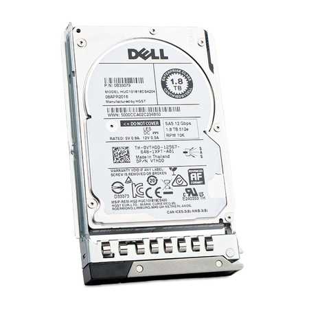 Angled front view of a Dell 1.8TB 10K SAS 2.5" hard drive in a 14G tray.