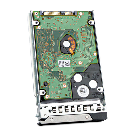Angled back view of a 2.5" SAS hard drive in a 14G tray showing the circuit board.