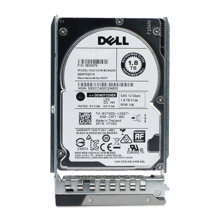 Front view of a Dell 1.8TB 10K SAS 2.5" hard drive in a 14G tray.