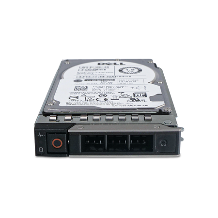 Low-angle view of a Dell 1.8TB SAS hard drive 14G tray front with red release button.
