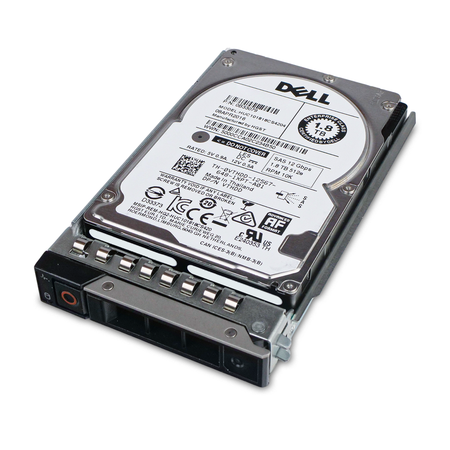 Angled top view of a Dell 1.8TB 10K SAS 2.5" hard drive in a 14G tray.