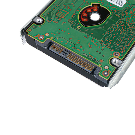 Close-up of the SAS connector on a 2.5" hard drive in a 14G tray.