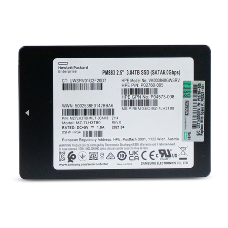 HP Samsung PM883 MZ7LH3T8HMLT 3.84TB SATA 6Gb/s 2.5" SSD, Front Label View