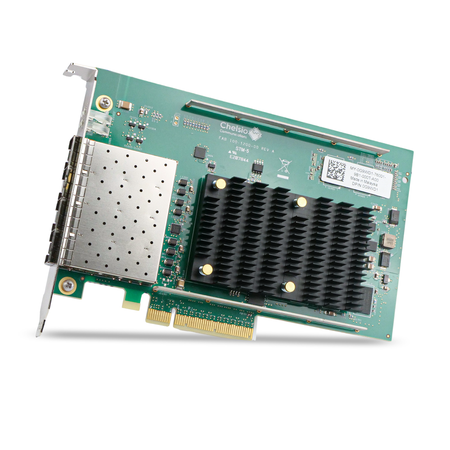 Angled view of the Chelsio quad-port SFP+ network adapter.