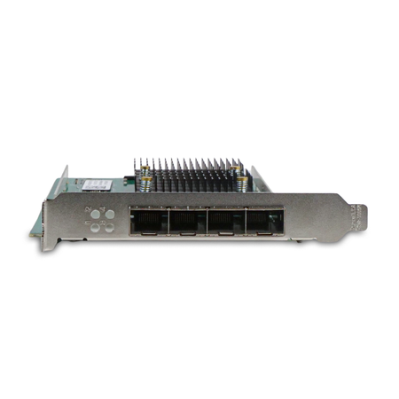 Straight-on bracket view of the Chelsio adapter's four SFP+ ports.