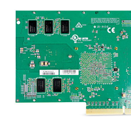 Close-up of the Chelsio adapter's back with memory chips and serial labels.