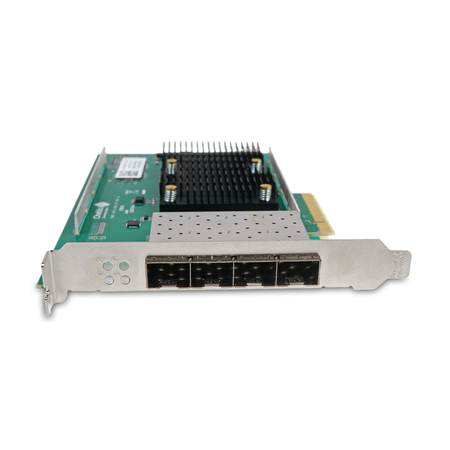Bracket view of the Chelsio adapter's four SFP+ ports.