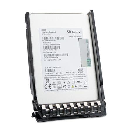 HP Generation 11 VK007680KWWFQ P11534-004 7.68TB PCIe Gen 3.0 x4 4GB/s 3D TLC U.2 NVMe 2.5" SSD, Front Angled View