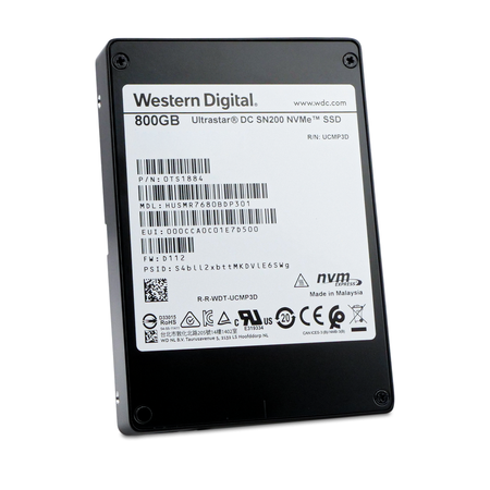 Western Digital Ultrastar DC SN200 800GB U.2 NVMe SSD, front label, drive slightly rotated