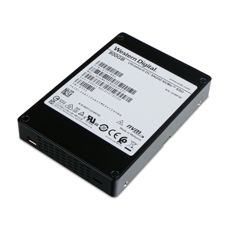Western Digital Ultrastar DC SN200 800GB U.2 NVMe SSD, front label, drive lying at an angle