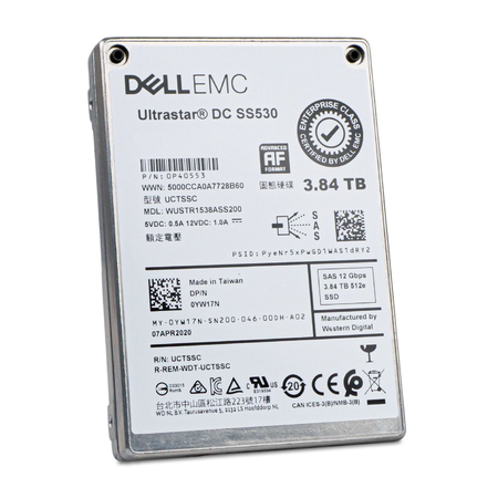 Dell/Western Digital Ultrastar DC SS530 WUSTR1538ASS200 0P40553 3.84TB SAS 12Gb/s 512e 2.5" SSD, Front Angled View