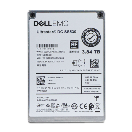Dell/Western Digital Ultrastar DC SS530 WUSTR1538ASS200 0P40553 3.84TB SAS 12Gb/s 512e 2.5" SSD, Front Label View