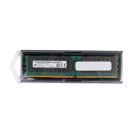 Micron MTA72ASS16G72LZ-3G2 128GB DDR4 LRDIMM server memory, front side in clear clamshell packaging, straight-on