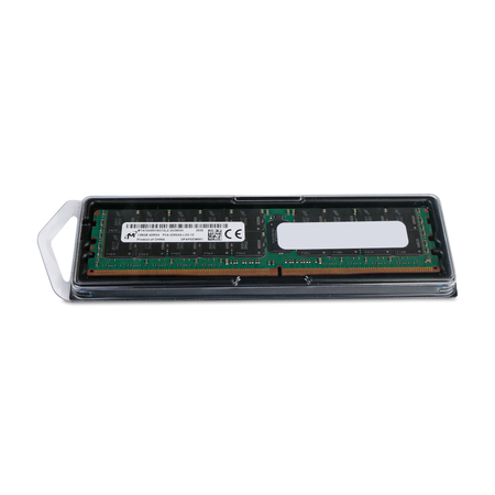 Micron MTA72ASS16G72LZ-3G2 128GB DDR4 LRDIMM server memory, front side in clear clamshell packaging, elevated angle