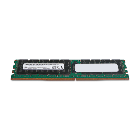 Micron MTA72ASS16G72LZ-3G2 128GB DDR4 LRDIMM server memory, front side with product label, module angled