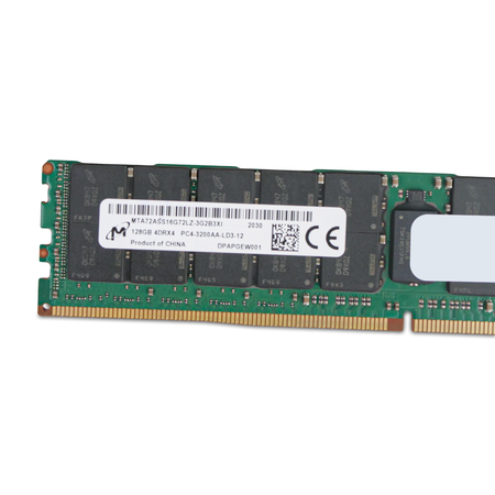 Micron MTA72ASS16G72LZ-3G2 128GB DDR4 LRDIMM server memory, close-up of the front product label