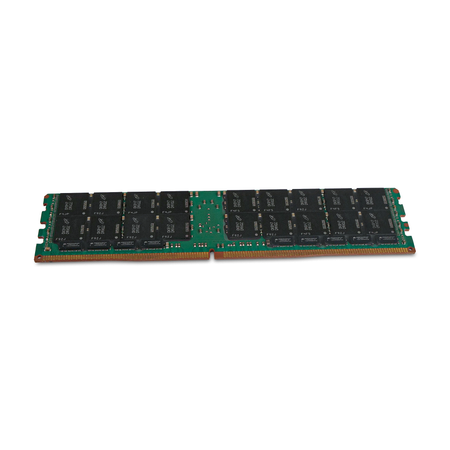 Micron MTA72ASS16G72LZ-3G2 128GB DDR4 LRDIMM server memory, rear side with memory chips, module angled