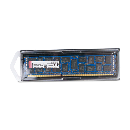 Kingston KVR16LR11D4/16 16GB DDR3 RDIMM server memory, front side in clear clamshell packaging, straight-on