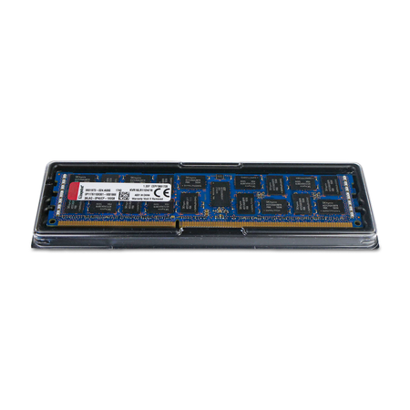 Kingston KVR16LR11D4/16 16GB DDR3 RDIMM server memory, front side in clear clamshell packaging, elevated angle