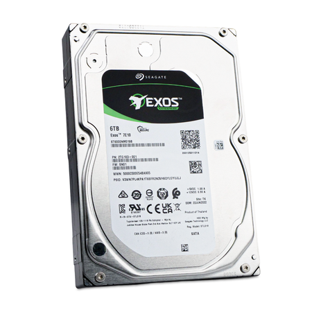 Angled front view of a Seagate Exos 7E10 6TB SATA 3.5" hard drive.