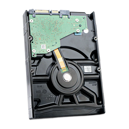 Angled back view of a 3.5" SATA hard drive showing the circuit board.