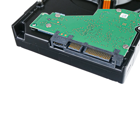 Close-up of the SATA connector on a 3.5" hard drive.