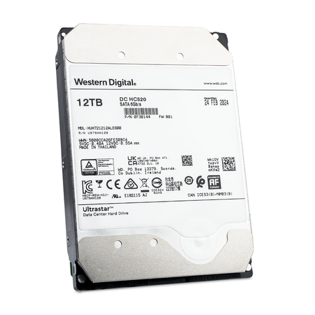 Angled front view of a recertified WD Ultrastar DC HC520 12TB SATA 3.5" hard drive.
