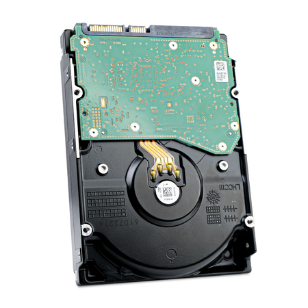 Angled back view of a 3.5" SATA hard drive showing the circuit board.