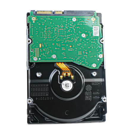 Back view of a 3.5" SATA hard drive showing the circuit board.