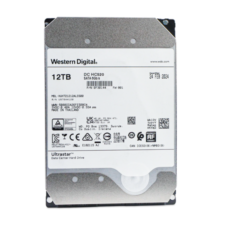 Front view of a recertified WD Ultrastar DC HC520 12TB SATA 3.5" hard drive.