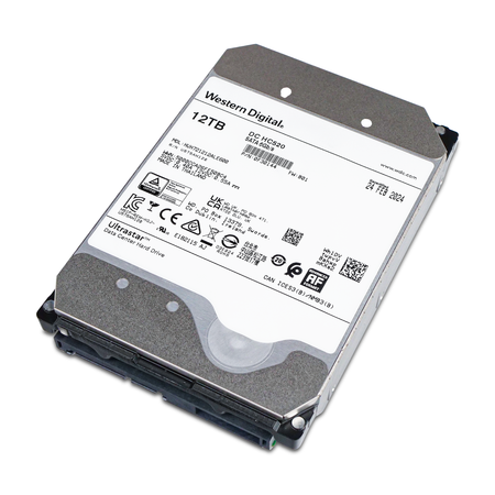 Angled top view of a recertified WD Ultrastar DC HC520 12TB SATA 3.5" hard drive.