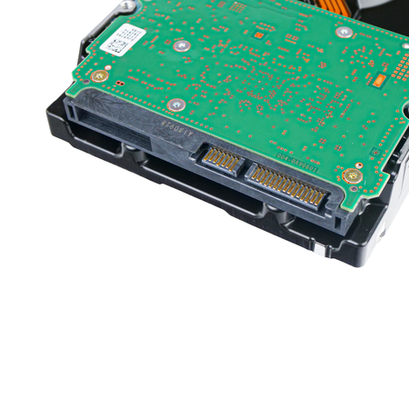 Close-up of the SATA connector on a 3.5" hard drive.