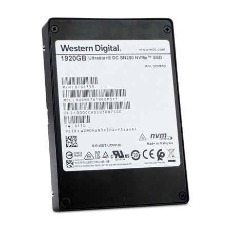 Angled view of a Western Digital Ultrastar DC SN200 HUSMR7619BDP3Y1 1920GB NVMe U.2 2.5-inch SSD with its label