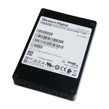 Angled top view of a Western Digital Ultrastar DC SN200 1920GB NVMe U.2 SSD, showing the label and vented side edge