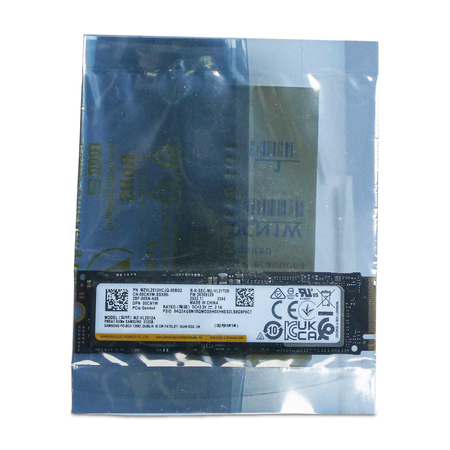 Front view of a Dell Samsung PM9A1 MZVL2512HCJQ 512GB PCIe Gen4 x4 M.2 2280 SSD in an anti-static bag, showing the Dell DPN 0CN1W label