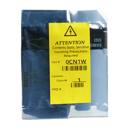 Sealed anti-static bag holding a Dell Samsung PM9A1 512GB M.2 SSD, with a yellow static-warning label marked Dell part number 0CN1W