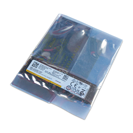 Dell Samsung PM9A1 512GB NVMe M.2 2280 SSD, part number MZVL2512HCJQ, sealed in an anti-static bag, angled view with the label visible