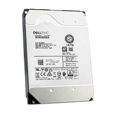 Angled view of a Dell EMC WD Ultrastar DC HC550 WUH721818ALE6L0 18TB SATA 3.5-inch HDD, with the label showing part number 0F38482