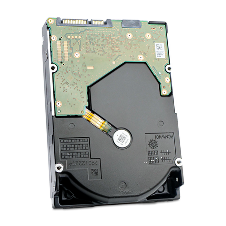 Angled underside view of the Dell WD Ultrastar DC HC550 18TB 3.5-inch HDD, showing the green circuit board and SATA connectors